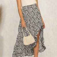 Boho Floral Print Midi Skirt Casual Side Slit Skirt
